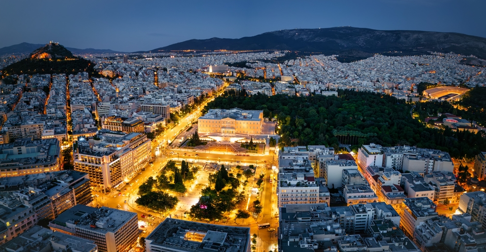 Government building facade illuminated at night